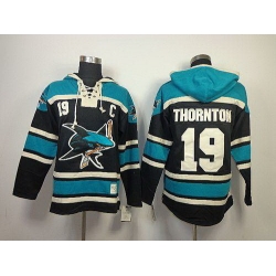 Men San Jose Sharks 19 Joe Thornton Black Sawyer Hooded Sweatshirt Stitched NHL Jersey