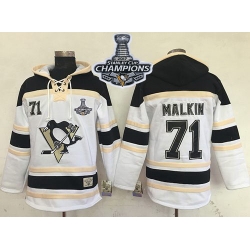 Men Pittsburgh Penguins 71 Evgeni Malkin White Sawyer Hooded Sweatshirt 2017 Stanley Cup Finals Champions Stitched NHL Jersey