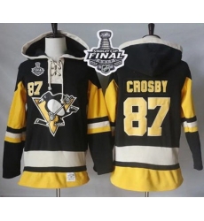 Men Pittsburgh Penguins 87 Sidney Crosby Black Alternate Sawyer Hooded Sweatshirt 2017 Stanley Cup Final Patch Stitched NHL Jersey