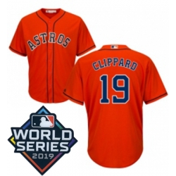 Mens Majestic Houston Astros 19 Tyler Clippard Replica Orange Alternate Cool Base Sitched 2019 World Series Patch jersey