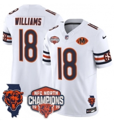 Men Chicago Bears  18 Caleb Williams White F U S E  2025 NFC North Champions Patch Limited Stitched Football Jersey