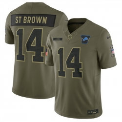 Men Detroit Lions 14 Amon Ra St  Brown Olive 2025 Salute to Service Limited Stitched Football Jersey Men Detroit Lions 14 Amon Ra St  Brown Olive 2025 Salute to Service Limited Stitched Football Jersey