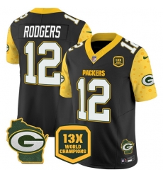 Men Green Bay Packers 12 Aaron Rodgers Cheese Black 2024 F U S E  13 Time World Champions And Home Patch Vapor Untouchable Limited Stitched Football Jersey