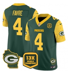 Men Green Bay Packers 4 Brett Favre Cheese Green 2024 F U S E  13 Time World Champions And Home Patch Vapor Untouchable Limited Stitched Football Jersey