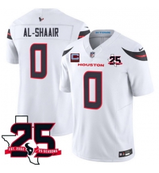 Men Houston Texans 0 Azeez Al Shaair White 2026 With 25th Anniversary Patch And 4 Star C Patch F U S E Vapor Limited Stitched Football Jersey Men Houston Texans 0 Azeez Al Shaair White 2026 With 25th Anniversary Patch And 4 Star C Patch F U S E Vapor Limited Stitched Football Jersey