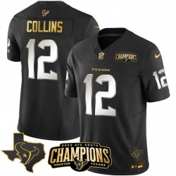 Men Houston Texans 12 Nico Collins Black Golden 2023 F U S E  With AFC South Champions Patch And Team Logo Patch Limited Stitched Football Jersey Men Houston Texans 12 Nico Collins Black Golden 2023 F U S E  With AFC South Champions Patch And Team Logo Patch Limited Stitched Football Jersey