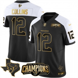 Men Houston Texans 12 Nico Collins Black White Golden 2023 F U S E  With AFC South Champions Patch And Team Logo Patch Limited Stitched Football Jersey Men Houston Texans 12 Nico Collins Black White Golden 2023 F U S E  With AFC South Champions Patch And Team Logo Patch Limited Stitched Football Jersey