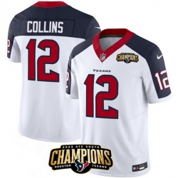 Men Houston Texans 12 Nico Collins White Navy 2023 F U S E  AFC South Champions Patch Limited Stitched Football Jersey Men Houston Texans 12 Nico Collins White Navy 2023 F U S E  AFC South Champions Patch Limited Stitched Football Jersey