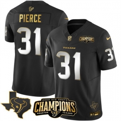 Men Houston Texans 31 Dameon Pierce Black Golden 2023 F U S E  With AFC South Champions Patch And Team Logo Patch Limited Stitched Football Jersey Men Houston Texans 31 Dameon Pierce Black Golden 2023 F U S E  With AFC South Champions Patch And Team Logo Patch Limited Stitched Football Jersey