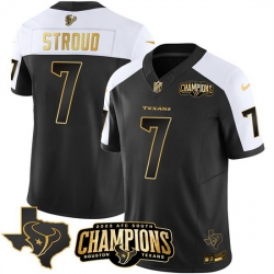 Men Houston Texans 7 C J  Stroud Black White Golden 2023 F U S E  With AFC South Champions Patch And Team Logo Patch Limited Stitched Football Jersey Men Houston Texans 7 C J  Stroud Black White Golden 2023 F U S E  With AFC South Champions Patch And Team Logo Patch Limited Stitched Football Jersey