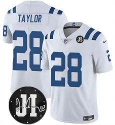 Men Indianapolis Colts 28 Jonathan Taylor White Jim Irsay Patch Vapor Limited Stitched Football Jersey Men Indianapolis Colts 28 Jonathan Taylor White Jim Irsay Patch Vapor Limited Stitched Football Jersey