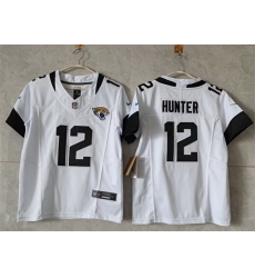 Women Jacksonville Jaguars 12 Travis Hunter White 2024 F U S E Vapor Limited Stitched Football Jersey 