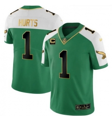 Men Philadelphia Eagles 1 Jalen Hurts Kelly Green Alternate Gold With 3 Star C Patch Stitched Football Jersey Men Philadelphia Eagles 1 Jalen Hurts Kelly Green Alternate Gold With 3 Star C Patch Stitched Football Jersey