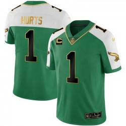 Men Philadelphia Eagles  1 Jalen Hurts Kelly Green Alternate Gold With 3 Star C Patch Stitched Football Jersey