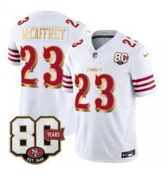 Men San Francisco 49ers Christian McCaffrey White Gold 80th Anniversary Patch Rivalries 2026 F U S E Vapor Untouchabl Limited Stitched Football Jersey Men San Francisco 49ers Christian McCaffrey White Gold 80th Anniversary Patch Rivalries 2026 F U S E Vapor Untouchabl Limited Stitched Football Jersey