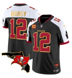 Men Tampa Bay Buccaneers 12 Tom Brady Black White F U S E  With 4 Star C Ptach And Florida Patch Gold Trim Vapor Stitched Jersey