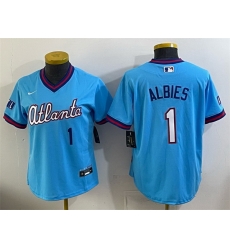 Women Atlanta Braves 1 Ozzie Albies Powder Blue 2026 City Connect Stadium Stitched Baseball Jersey Women Atlanta Braves 1 Ozzie Albies Powder Blue 2026 City Connect Stadium Stitched Baseball Jersey