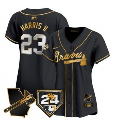 Women Atlanta Braves 23 Michael Harris II Black Gold 2024 Spring Training 26 Georgia Patch Vapor Limited Stitched Baseball Jersey Women Atlanta Braves 23 Michael Harris II Black Gold 2024 Spring Training 26 Georgia Patch Vapor Limited Stitched Baseball Jersey