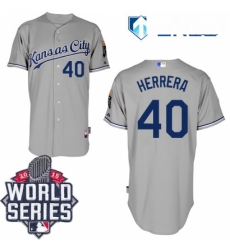 Mens Majestic Kansas City Royals 40 Kelvin Herrera Replica Grey Road Cool Base 2015 World Series Patch MLB Jersey