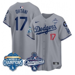Men Los Angeles Dodgers 17 Shohei Ohtani Grey 2025 World Series Champions  26 Back to Back Champions With No 34 Patch Limited Stitched Baseball Jersey