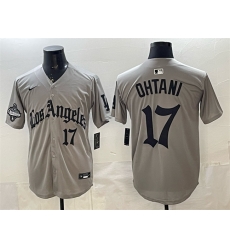 Men Los Angeles Dodgers 17 Shohei Ohtani Grey LA Gothic Style With 2025 World Series Champions Patch Limited Stitched Baseball Jersey