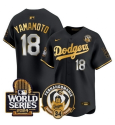 Men Los Angeles Dodgers  18 Yoshinobu Yamamoto Black Gold Fernando Valenzuela   2024 World Series Patch Limited Stitched Baseball Jersey