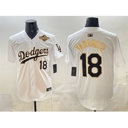 Men Los Angeles Dodgers 18 Yoshinobu Yamamoto White Gold 2025 World Series Patch Limited Stitched Baseball Jersey