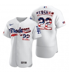 Men Los Angeles Dodgers 22 Clayton Kershaw Men Nike White Fluttering USA Flag Limited Edition Flex Base MLB Jersey