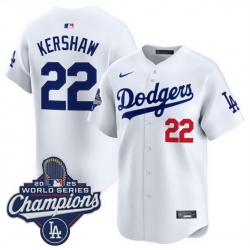 Men Los Angeles Dodgers 22 Clayton Kershaw White 2025 World Series Champions Patch Home Limited Stitched Baseball Jersey