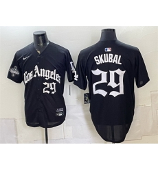 Men Los Angeles Dodgers  29 Tarik Skubal Black LA Gothic Style 2025 World Series Champions Patch Limited Stitched Baseball Jersey