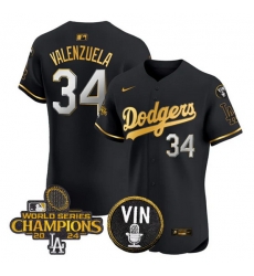 Men Los Angeles Dodgers 34 Toro Valenzuela Black Gold 2024 World Series Champions With Vin Patch Vapor Limited Stitched Baseball Jersey