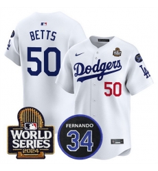 Men Los Angeles Dodgers 50 Mookie Betts White 2024 World Series With Fernando Memorial Patch Limited Stitched Baseball Jersey