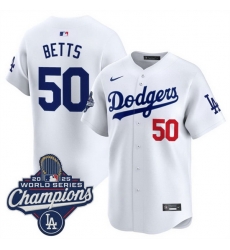 Men Los Angeles Dodgers 50 Mookie Betts White 2025 World Series Champions Patch Home Limited Stitched Baseball Jersey Men Los Angeles Dodgers 50 Mookie Betts White 2025 World Series Champions Patch Home Limited Stitched Baseball Jersey