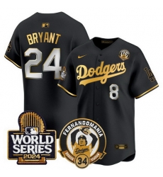 Men Los Angeles Dodgers Front  8 Back  24 Kobe Bryant Black Gold Fernando Valenzuela   2024 World Series Patch Limited Stitched Baseball Jersey