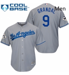 Mens Majestic Los Angeles Dodgers 9 Yasmani Grandal Replica Grey Road 2017 World Series Bound Cool Base MLB Jersey