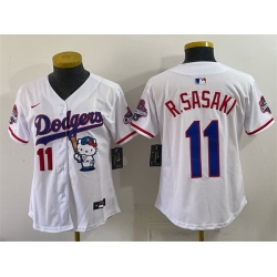 Women Los Angeles Dodgers  11 Roki Sasaki White Hello Kitty Night 2025 World Series Champions Patch Stitched Baseball Jersey