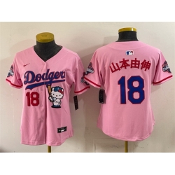 Women Los Angeles Dodgers  18 Yoshinobu Yamamoto Pink Hello Kitty Night 2025 World Series Champions Patch Stitched Baseball Jersey