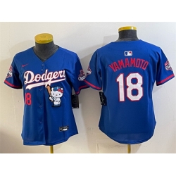 Women Los Angeles Dodgers  18 Yoshinobu Yamamoto Royal Hello Kitty Night 2025 World Series Champions Patch Stitched Baseball Jersey