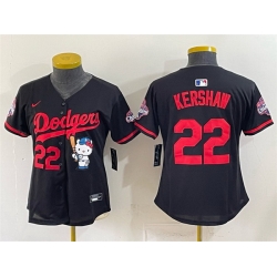 Women Los Angeles Dodgers  22 Clayton Kershaw Black Hello Kitty Night 2025 World Series Champions Patch Stitched Baseball Jersey