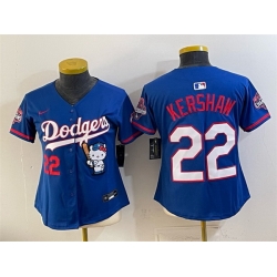 Women Los Angeles Dodgers  22 Clayton Kershaw Royal Hello Kitty Night 2025 World Series Champions Patch Stitched Baseball Jersey