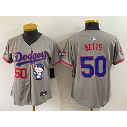 Women Los Angeles Dodgers  50 Mookie Betts Grey Hello Kitty Night 2025 World Series Champions Patch Stitched Baseball Jersey