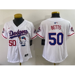 Women Los Angeles Dodgers  50 Mookie Betts White Hello Kitty Night 2025 World Series Champions Patch Stitched Baseball Jersey