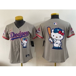 Women Los Angeles Dodgers Team Big Logo Grey Hello Kitty Night 2025 World Series Champions Patch Stitched Baseball Jersey
