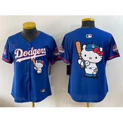 Women Los Angeles Dodgers Team Big Logo Royal Hello Kitty Night 2025 World Series Champions Patch Stitched Baseball Jersey