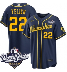 Men Milwaukee Brewers 22 Christian Yelich Navy 2026 World Series Stitched Baseball Jersey Men Milwaukee Brewers 22 Christian Yelich Navy 2026 World Series Stitched Baseball Jersey