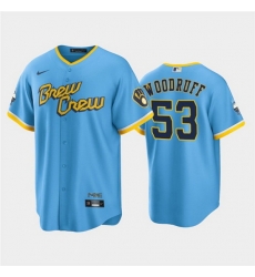 Men Milwaukee Brewers 53 Brandon Woodruff 2022 Powder Blue City Connect Cool Base Stitched Jersey