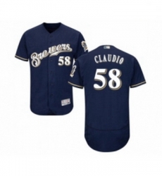 Mens Milwaukee Brewers 58 Alex Claudio Navy Blue Alternate Flex Base Authentic Collection Baseball Jersey