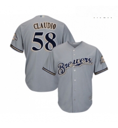 Mens Milwaukee Brewers 58 Alex Claudio Replica Grey Road Cool Base Baseball Jersey 