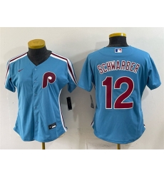 Women Philadelphia Phillies 12 Kyle Schwarber Blue Stitched Baseball Jersey Women Philadelphia Phillies 12 Kyle Schwarber Blue Stitched Baseball Jersey