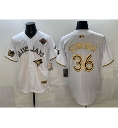 Men Toronto Blue Jays 36 Davis Schneider White Gold 2025 American League Champions Limited Stitched Baseball Jersey Men Toronto Blue Jays 36 Davis Schneider White Gold 2025 American League Champions Limited Stitched Baseball Jersey